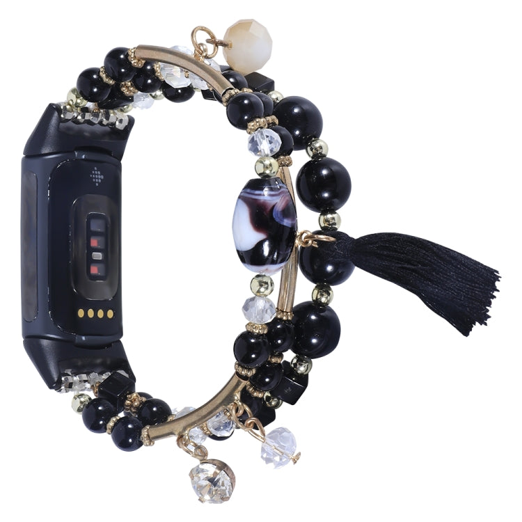 Bead chain watch band with black beads, crystal drops, gold links, black tassel charm