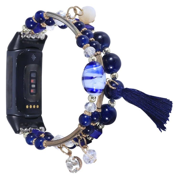 Bead chain watch band with navy and blue beads, crystal drops, tassel charm