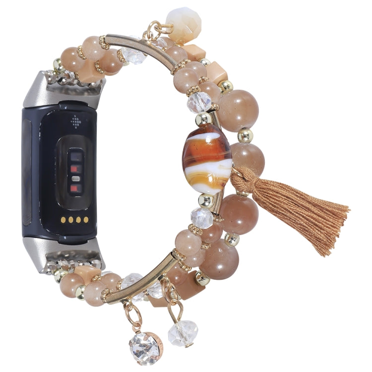Bead chain watch band with beige and brown beads, crystal accents, tassel charm