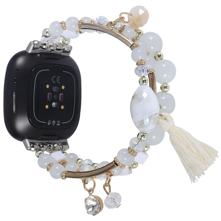 Bead chain watch band with white beads, crystal drops, gold links, white tassel charm