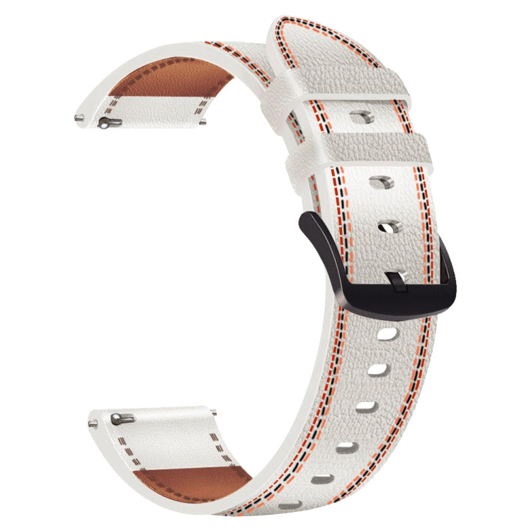 Genuine leather watch band, white with red tricolor stitching and brown inner leather.