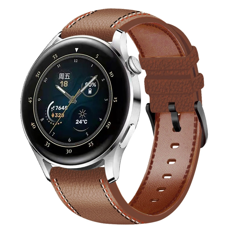 Genuine leather watch band, brown with red tricolor stitching and metal buckle.