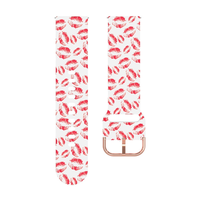 46mm silicone watch strap with red lips print on white, metal buckle.