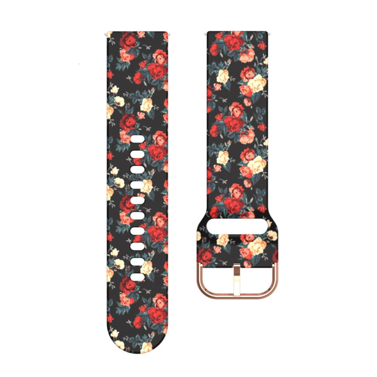 46mm silicone watch strap with multicolor floral rose print on black, metal buckle.