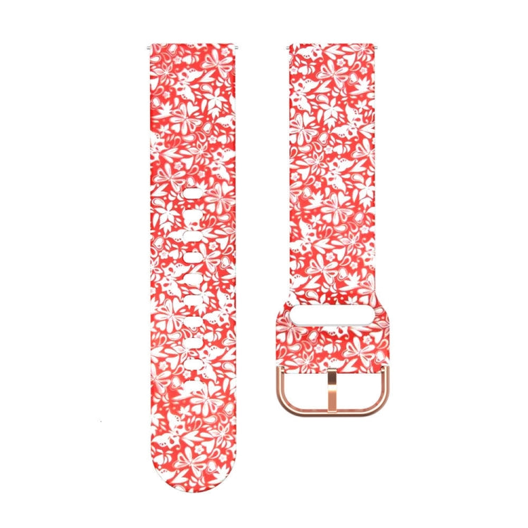 46mm silicone watch strap with red botanical print on white, metal buckle.
