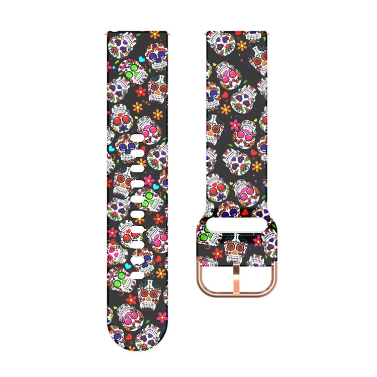 46mm silicone watch strap with colorful skull print on black, metal buckle.