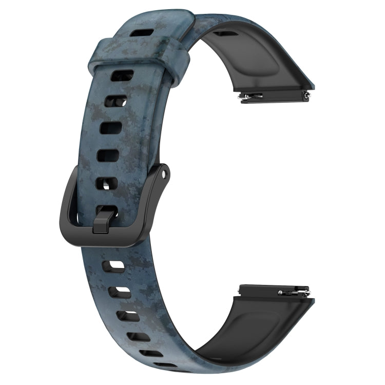 Blue speckle TPU watch band side view with perforated strap holes and buckle