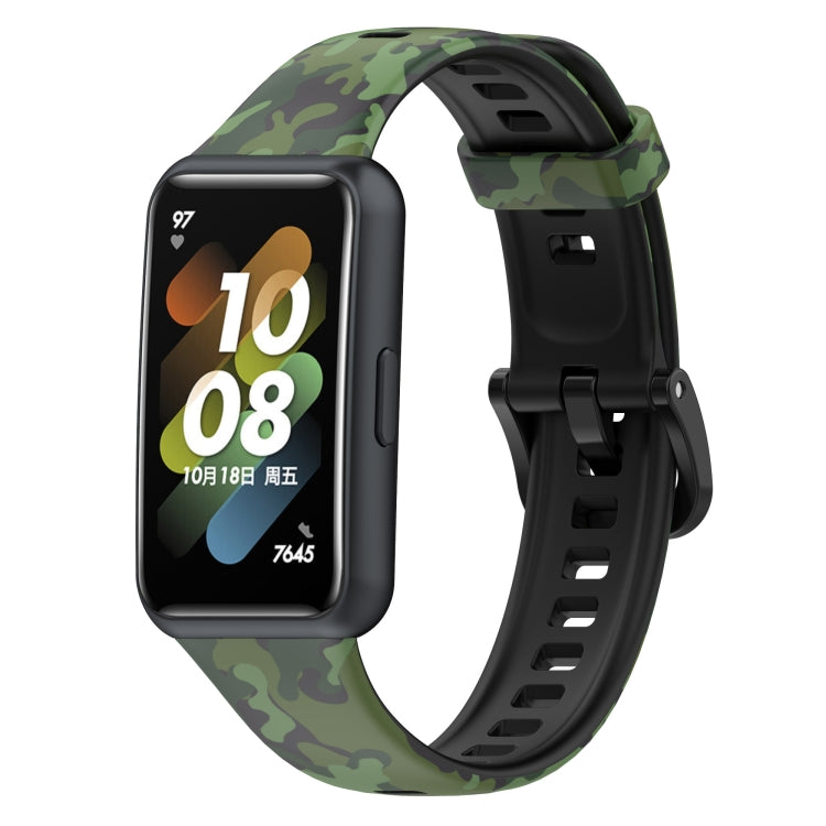 Green camouflage TPU watch band with perforated strap holes and fitted buckle clasp