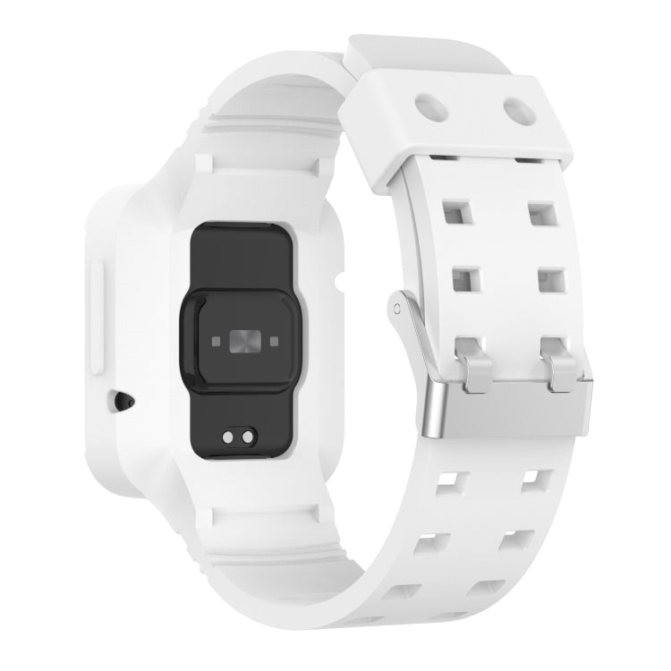 White silicone integrated watch band with clasp hardware, smartwatch with black screen