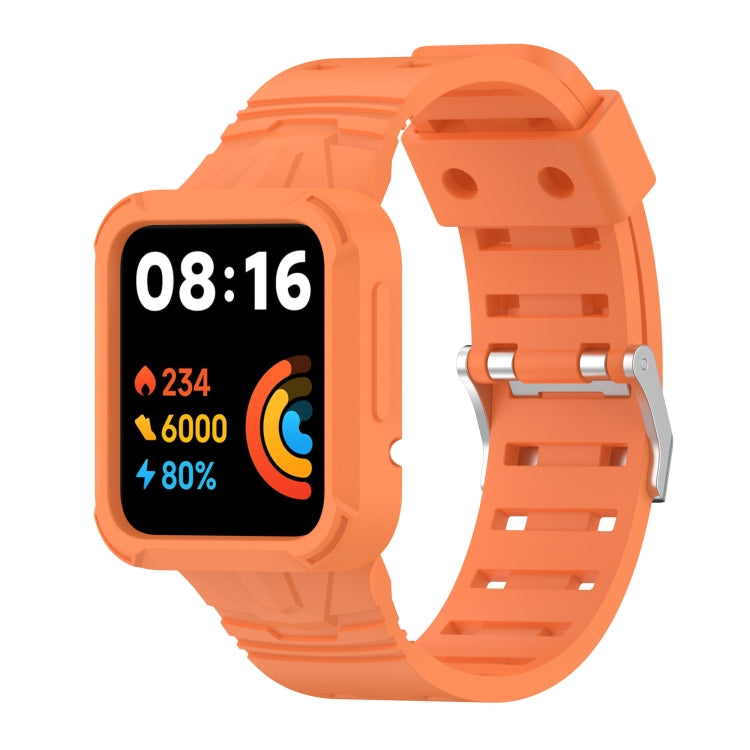 Orange silicone integrated watch band with buckle and strap holes, smartwatch shown