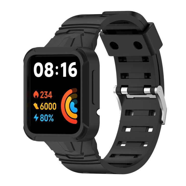 Black silicone integrated watch band with metal clasp and strap holes, smartwatch shown