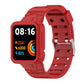 Red silicone integrated watch band with buckle hardware and strap holes, smartwatch shown