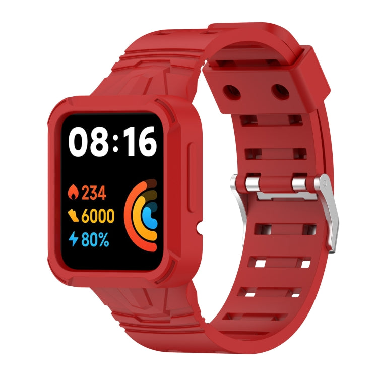 Red silicone integrated watch band with buckle hardware and strap holes, smartwatch shown