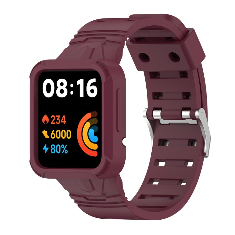 Wine red silicone integrated watch band with metal clasp and strap holes, smartwatch shown