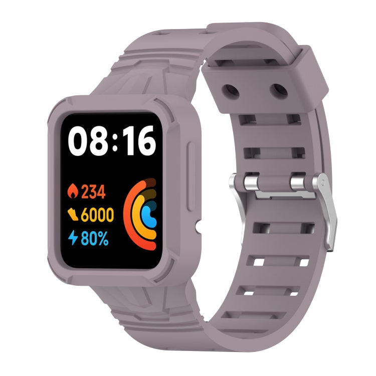 Light gray silicone integrated watch band with metal clasp and strap holes, smartwatch shown
