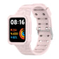 Light pink silicone integrated watch band with metal clasp and strap holes, smartwatch shown