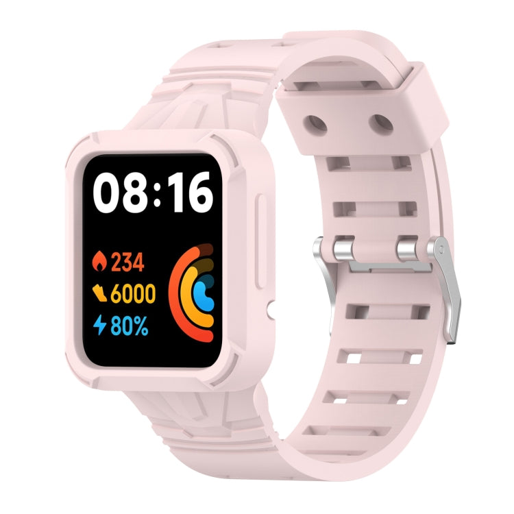 Light pink silicone integrated watch band with metal clasp and strap holes, smartwatch shown