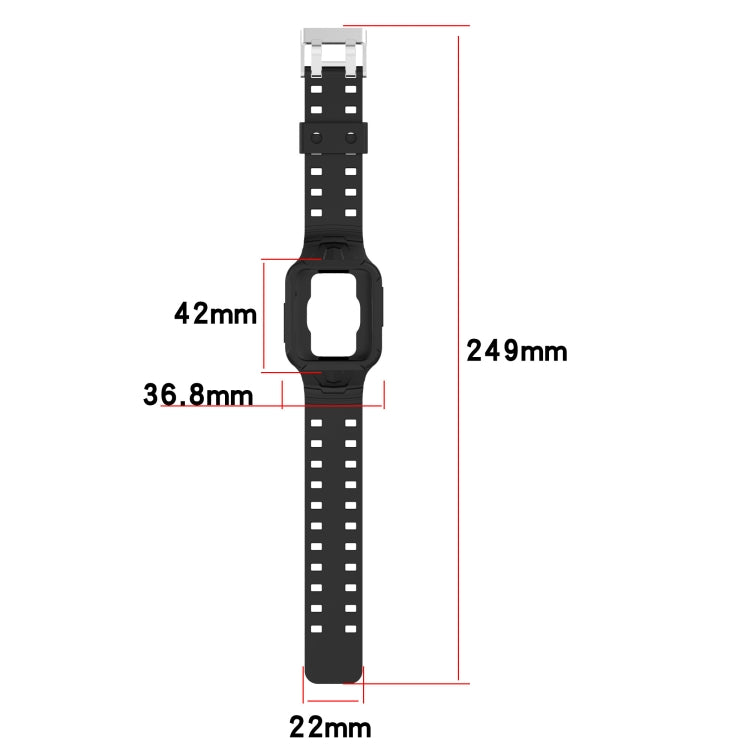 Black silicone integrated smartwatch band with size measurements: 22mm strap