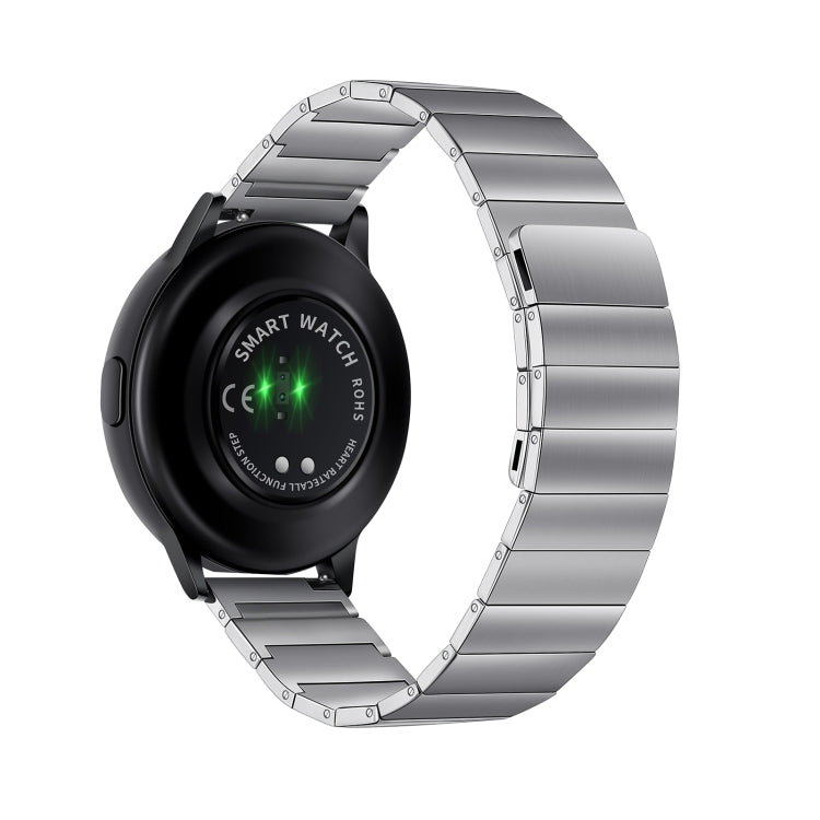 Magnetic steel watch band in silver, smooth metal links with secure clasp ends