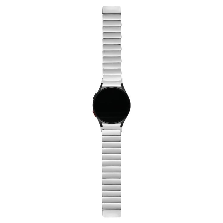 Magnetic steel watch band in silver, long metal link strap with clasp ends