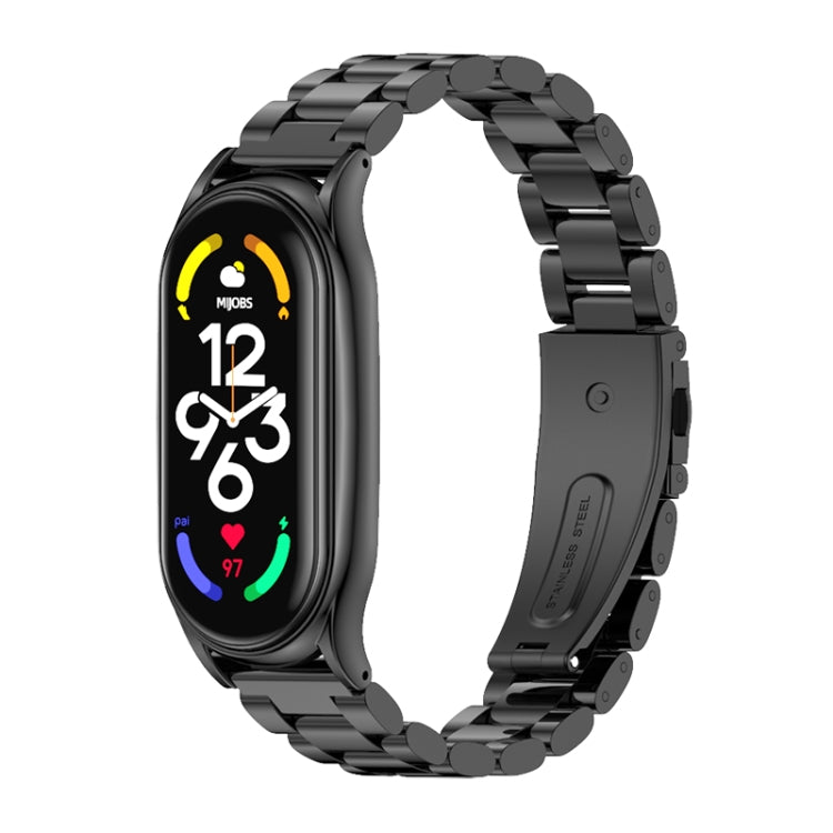 Black metal three-bead link watch band with smartwatch display