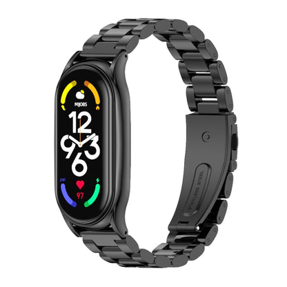 Black metal three-bead link watch band with smartwatch display