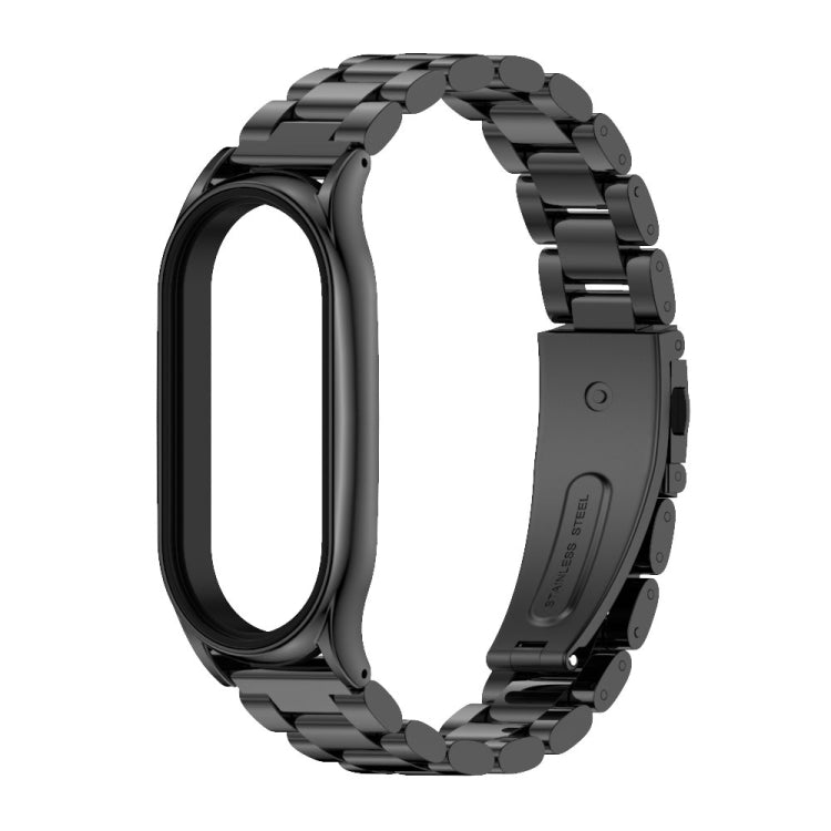 Black metal three-bead link watch band with clasp and side tag
