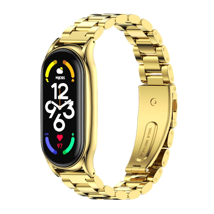 Gold metal three-bead link watch band with clasp and smartwatch face
