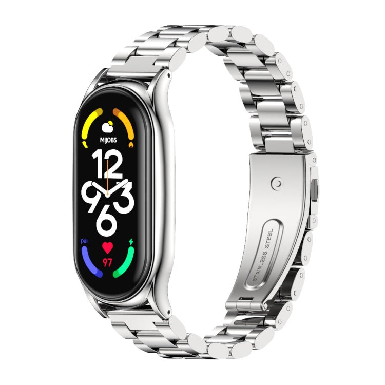 Silver metal three-bead link watch band with clasp and smartwatch face