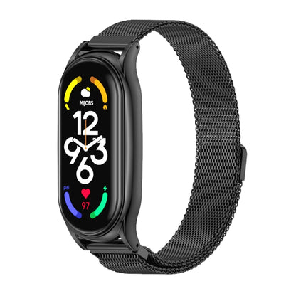 Black stainless steel magnetic watch band with mesh strap and rounded connectors