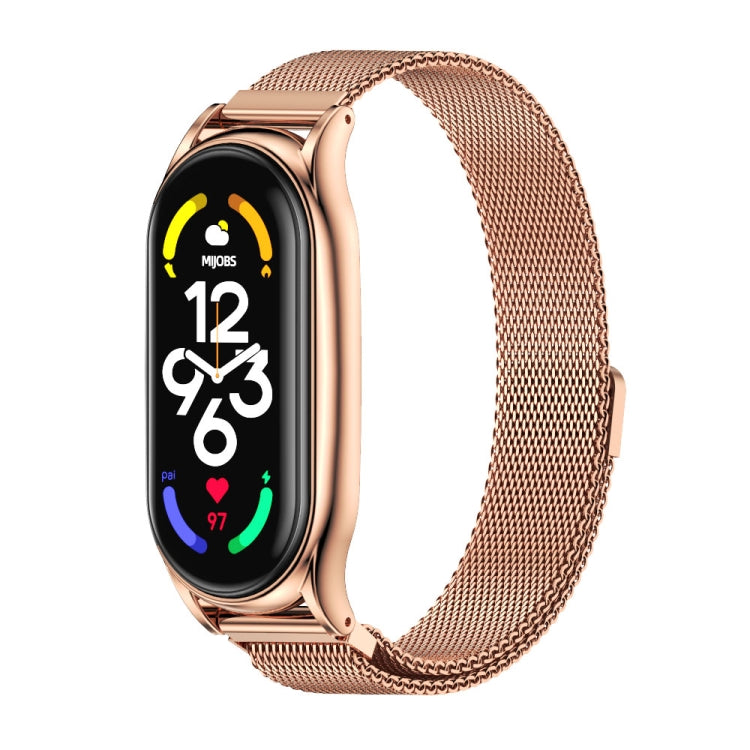 Rose gold stainless steel magnetic watch band with mesh strap and rounded metal links