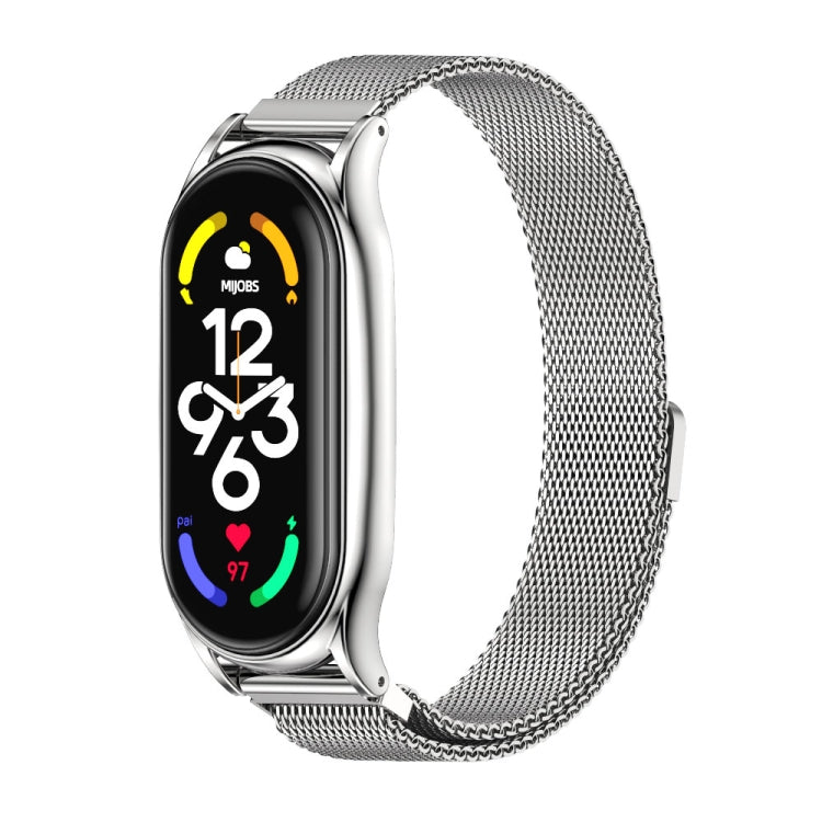 Silver stainless steel magnetic watch band with mesh strap and rounded metal links