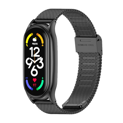 Black stainless steel mesh watch strap with buckle, curved link design.