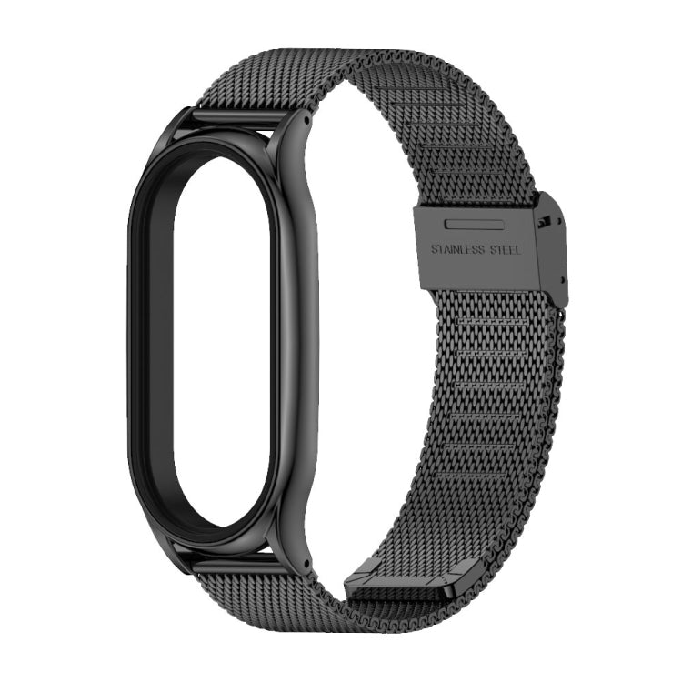 Black stainless steel mesh watch strap with buckle, curved link design.