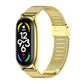 Gold stainless steel mesh watch strap with buckle, curved link design.