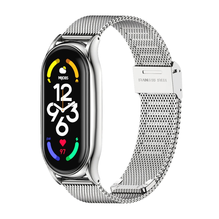 Silver stainless steel mesh watch strap with buckle, curved link design.