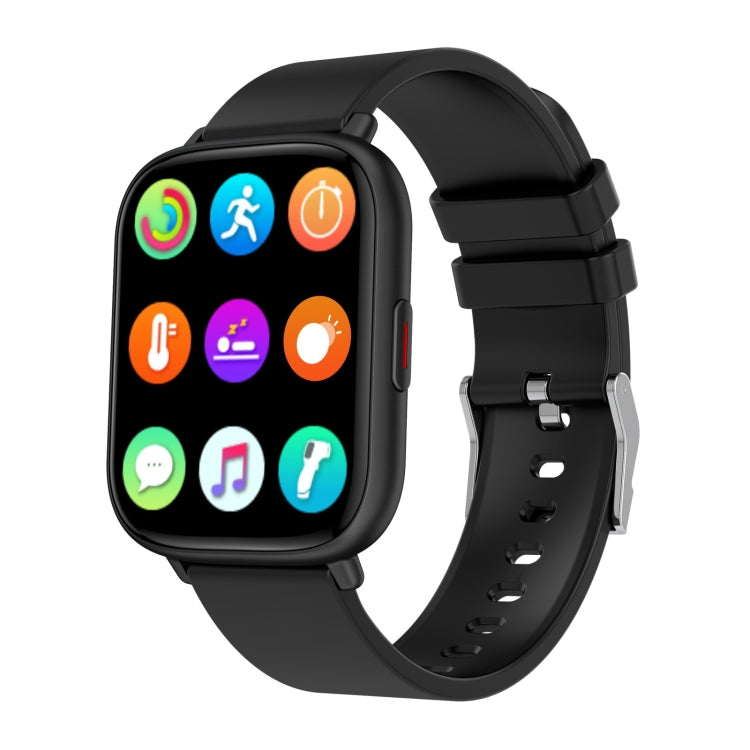 Black smartwatch with full-color app icons on the square touchscreen