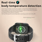 Smartwatch back sensor area with glowing temperature indicator on black case