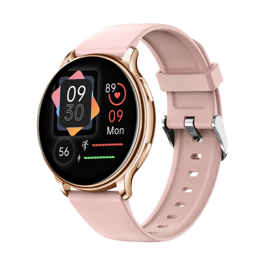 Pink smartwatch with gold bezel, heart and date icons on a dark color screen