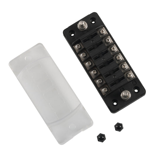 6-way fuse holder base with clear cover, black terminal block, and screws