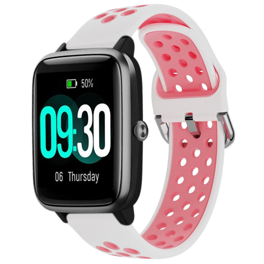 Silicone sports watch band, white with pink perforations and metal clasp with keeper