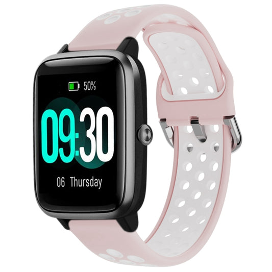 Silicone sports watch band, light pink with white dot perforations and metal clasp