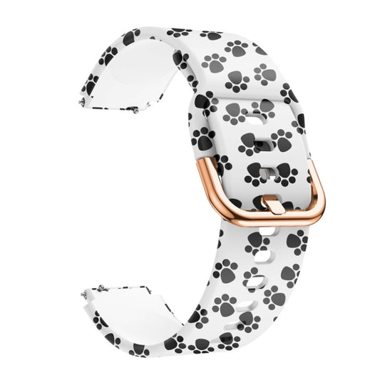 Silicone watch band with white and black paw print pattern, rose-gold clasp