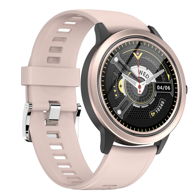 Pink smartwatch with round screen and rubber strap, showing watch face