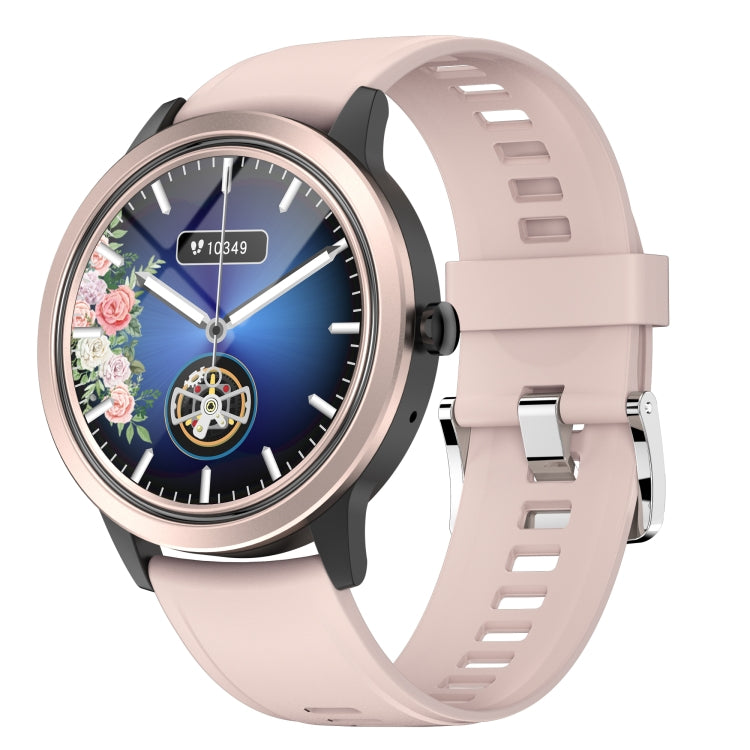 Rose-gold smartwatch with floral watch face and light pink silicone strap