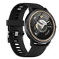 Black smartwatch with round display and silicone strap, showing watch face