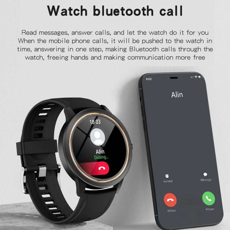Black smartwatch connected to a phone for Bluetooth calling, round screen visible