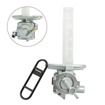 Motorcycle fuel petcock valve with vacuum line and mounting bracket, metal finish