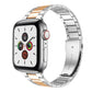 Stainless steel Apple Watch band with small links and orange/gold center strip accents