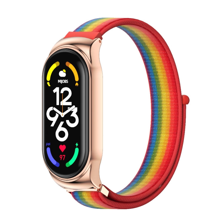 Rose gold smartwatch with rainbow red nylon mesh watch band
